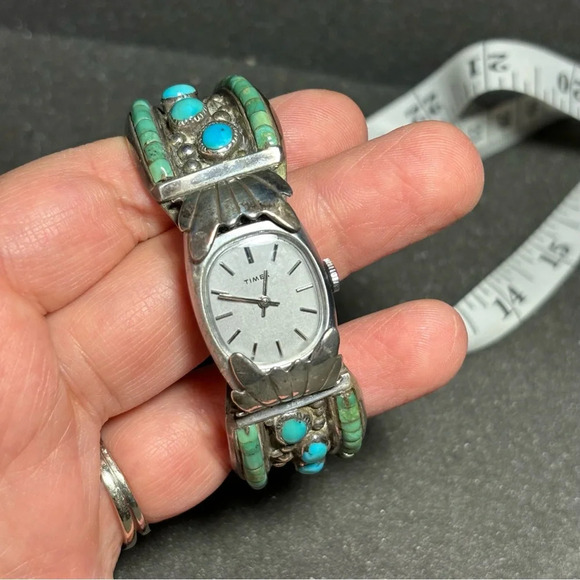 Vintage Navajo Timex Sterling Silver And Turquoise Watch Cuff Bracelet Heavy - Picture 1 of 10